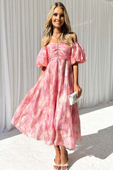 Klassische Eleganz – Midikleid mit Puffärmeln und Blumenstickerei – 3 Farben