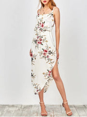 Wunderschönes Slip-Blumen-Kordelzug-Taille Asymmetrisches Urlaubskleid