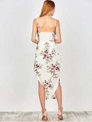 Wunderschönes Slip-Blumen-Kordelzug-Taille Asymmetrisches Urlaubskleid