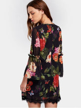 Print V Neck Flare Sleeve Flower Shift Dress