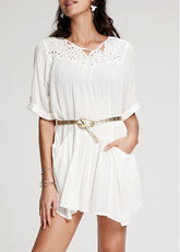 Trendy Panel Half Sleeve White Mini Dress