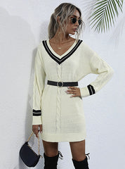 STYLISH TWIST V-NECK COLLEGE WIND KNITTED SWEATER DRESS