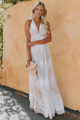 Angel in Disguise – Rückenfreies Maxikleid mit Spitzenbesatz und Blumenmuster – 3 Farben