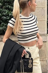 Cool Girl Essence gestreiftes Kurzarm-Stricktop – 2 Farben