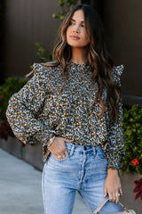 Evermore gesmoktes Rüschentop mit Blumendruck – 2 Farben