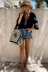 Vacation Vibes – Boho-Stickerei-Oberteil mit halblangen Ärmeln