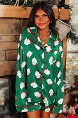 Grünes Set aus Satinhemd und Shorts mit Weihnachtsmann-Print