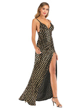 SLING V-NECK BLACK AND GOLD PLAID SEQUINED LONG DRESS