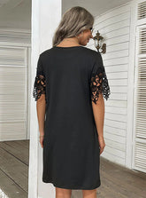 LOOSE SHORT-SLEEVED LACE STITCHING BLACK DRESS