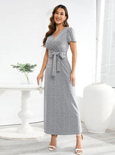 V-AUSSCHNITT SCHLANKES KLEID MIT SCHNÜRUNG LANGES KLEID