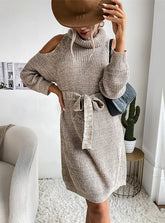 FASHION OPENWORK TURTLE NECK SWEATER DRESS