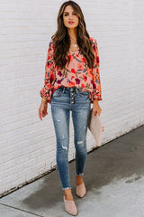 Plissiertes Langarm-Top mit Pfirsichblüten-Print