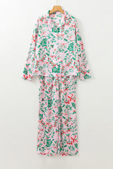 Rosa Pyjama-Set aus Satin mit Weihnachtsbeeren und Pflanzenmuster