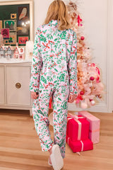 Rosa Pyjama-Set aus Satin mit Weihnachtsbeeren und Pflanzenmuster