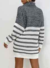 FASHION LOOSE STRIPED STITCHING CONTRAST TURTLE NECK DRESS
