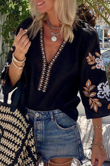 Vacation Vibes – Boho-Stickerei-Oberteil mit halblangen Ärmeln