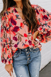 Plissiertes Langarm-Top mit Pfirsichblüten-Print