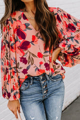 Plissiertes Langarm-Top mit Pfirsichblüten-Print