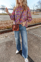 Loving My Life – Bedrucktes, gesmoktes Langarm-Top