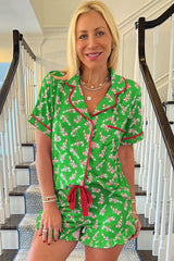 Grünes Pyjama-Set mit weihnachtlichem Zuckerstangen-Print und Taschen