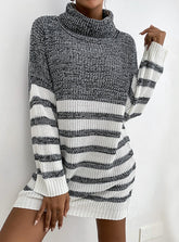 FASHION LOOSE STRIPED STITCHING CONTRAST TURTLE NECK DRESS