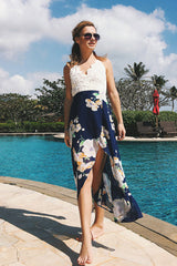 Rückenfreies Kleid mit Spitzenstickerei und Print