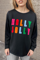 Schwarzes Chenille-Langarmshirt mit Holly Jolly-Grafik
