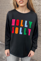 Schwarzes Chenille-Langarmshirt mit Holly Jolly-Grafik