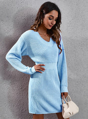 WOMEN V-NECK LONG SLEEVE SWEATER DRESS