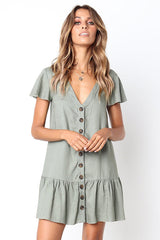 Minikleid mit Rüschen und V-Ausschnitt zum Zuknöpfen – 4 Farben