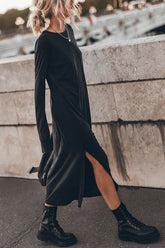 Catch Yourself – Langärmliges Maxikleid mit Schlitz aus Baumwollmischung – 3 Farben