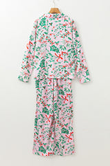 Rosa Pyjama-Set aus Satin mit Weihnachtsbeeren und Pflanzenmuster