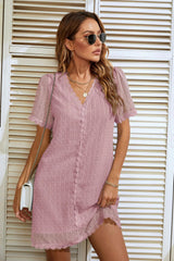 V-NECK SHORT-SLEEVED POLKA-DOT LACE DRESS
