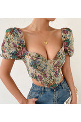 Crop Top mit Puffärmeln und Blumenstickerei im Vintage-Stil