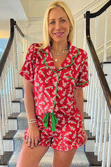 Rotes Pyjama-Set mit weihnachtlichem Zuckerstangen-Print und Taschen