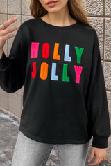 Schwarzes Chenille-Langarmshirt mit Holly Jolly-Grafik