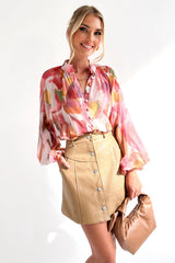 „Make Yourself Happy“-Print-Langarmshirt mit Knopfleiste – 4 Farben