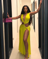 Limettengrünes Maxikleid mit Hohlsaum und hoher Taille