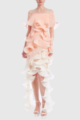 Afanen – Schulterfreies Maxikleid aus Netzstoff mit Rüschen