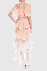 Afanen – Schulterfreies Maxikleid aus Netzstoff mit Rüschen