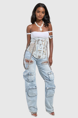 Ahava – Blaue Cargo-Jeans mit Diamant-Ausschnitt