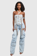 Ahava – Blaue Cargo-Jeans mit Diamant-Ausschnitt