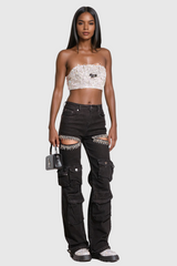 Ahava – Schwarze Cargo-Jeans mit Diamant-Ausschnitt