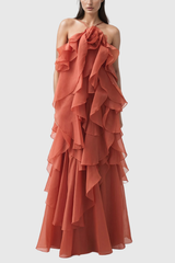 Ailish – Rückenfreies Maxikleid mit Blumen- und Rüschenmuster in Orange
