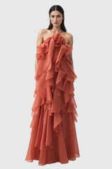 Ailish – Rückenfreies Maxikleid mit Blumen- und Rüschenmuster in Orange