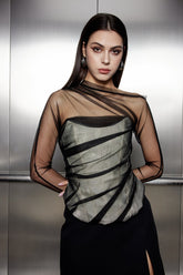 Aimon Korsett-Top aus Netzstoff mit einer Schulter und Rüschen