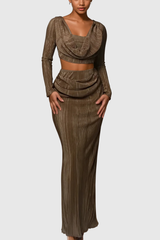 Alexei – Braunes Hosenset mit Wasserfallausschnitt und Rüschen