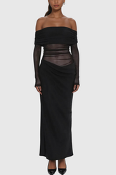 Alucia – Schulterfreies, gerüschtes Maxikleid aus Netzstoff in Schwarz