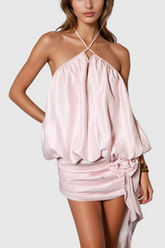 Alodie – Neckholder-Minikleid aus Satin mit Blumenmuster und rückenfreiem Rücken