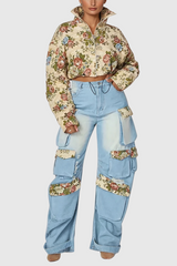 Alyra Denim-Hosenset mit Blumenmuster und Kordelzug